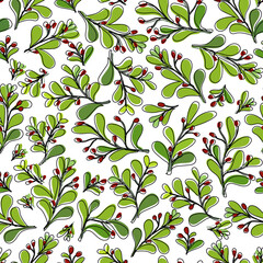 Foliage twigs , and red berries, outlined, unfit colored, green leaves, background seamless pattern.