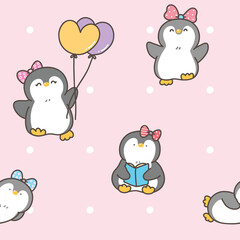 Seamless Pattern with Cartoon Penguin Design on Pink Background with Dots