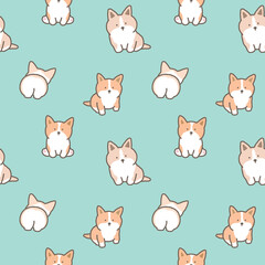 Seamless Pattern of Cute Cartoon Corgi Dog Design on Green Background