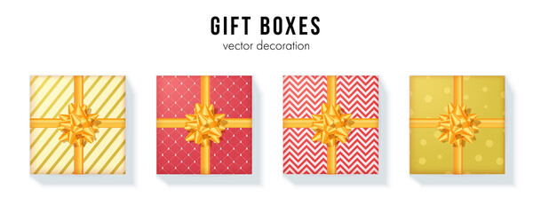 Set of gift boxes with yellow ribbon and bow tie. Wrapping paper with different pattern. Vector 3d illustration. Flat lay, top-down view