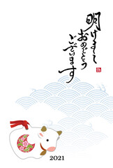 Fototapeta premium 2021年 丑年 松竹梅模様の牛の置物と波模様、筆文字の年賀状イラスト