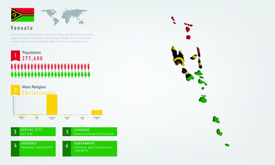 Infographic of Vanuatu map there is flag and population, religion chart and capital government currency and language, vector illustration