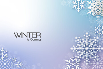 Holiday greeting with snowflake and snowfall background.