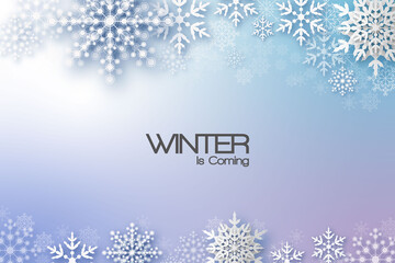 Holiday greeting with snowflake and snowfall background.