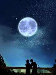 Silhouette of lovers in the night landscape