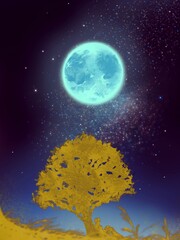 Landscape of light blue moon and stars over the silhouette of tree with sitting young man