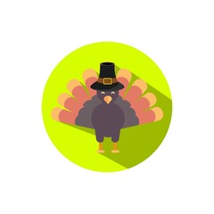 Thanksgiving Turkey Flat Icon Vector Round Circle with Long Shadow