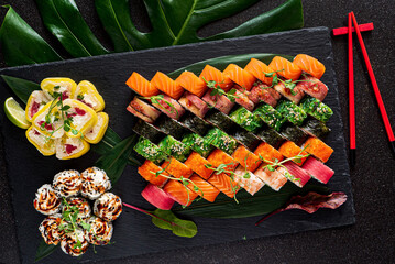 sushi on the black background