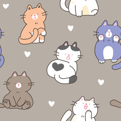 Seamless Pattern with Cute Cartoon Cat and White Heart Design on Brown Background 