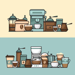 Coffee banner. Cup and coffee brewing methods. Coffee makers and coffee machines, kettle, french press, moka pot, cezve. Flat style, vector illustration.