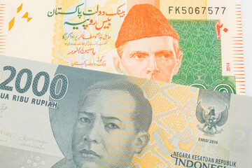 A macro image of a grey two thousand Indonesian rupiah bank note paired up with a orange and green 20 rupee note from Pakistan.  Shot close up in macro.