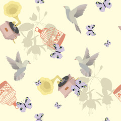 Seamless vintage, romantic pattern with patifones, birds and butterflies