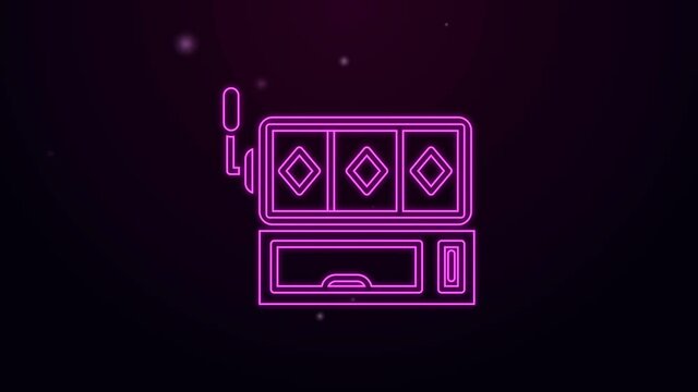 Glowing neon line Slot machine icon isolated on purple background. 4K Video motion graphic animation.