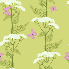 Seamless summer pattern with yarrow flowers and butterflies © Nadezhda