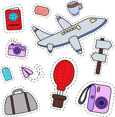 Vector Illustration Graphic Clip Art Sticker Pack Doodle Travel Plane Camera Outline Set Isolated Elements White Background