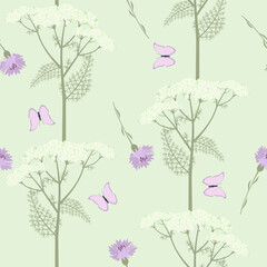 Seamless vector illustration with cornflowers, yarrow flowers and butterflies