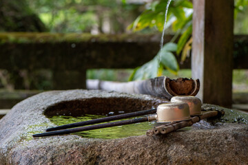 手水鉢の柄杓と流れる水