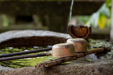 手水鉢の柄杓と流れる水