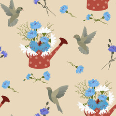 Seamless pattern of a bouquet of flowers of cornflowers ,chamomiles,birds, watering can .