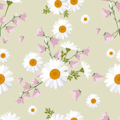 Seamless vector illustration with chamomile and field bells