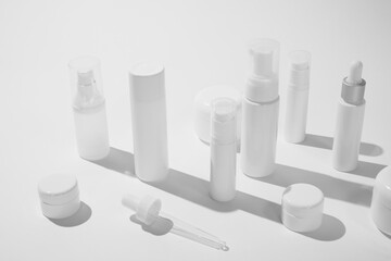 cosmetic and skin care package on white background with shadow. modern and minimal beauty product design.