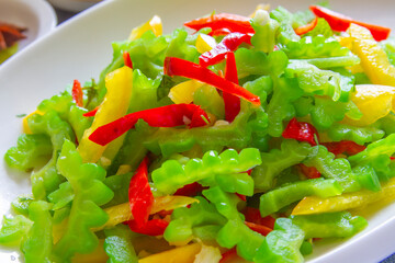 Sliced Bitter melon bitter gourd salad close up karela