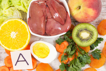 Different ingredients containing vitamin A, natural minerals and fiber, healthy nutritious eating