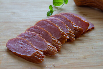 Sliced smoked sausage close up, Chinese pork sausage