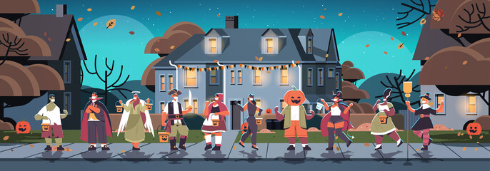 mix race people in costumes walking in town trick or treat happy halloween celebration coronavirus quarantine concept horizontal full length vector illustration