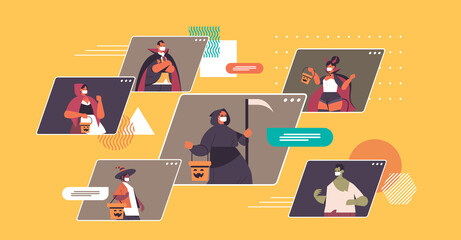 people in different costumes discussing during video call happy halloween party concept coronavirus quarantine online communication web browser windows portrait horizontal vector illustration