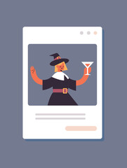 girl wearing witch costume drinking champagne happy halloween party celebration self isolation online communication concept web browser window portrait vertical vector illustration