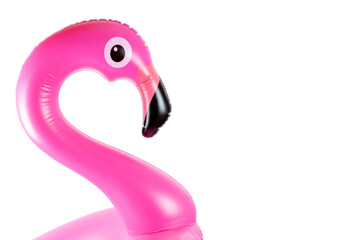 Summer fun isolated. Pink pool inflatable flamingo for summer beach isolated on white background. Funny bird toy for kids.