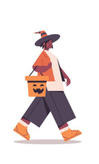 cute girl holding bucket with pumpkin african american woman in fairy costume happy halloween party celebration concept happy halloween party celebration concept flat full length isolated vector