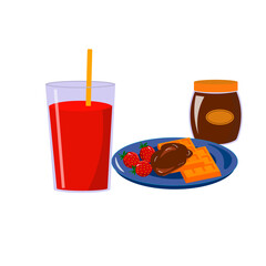 Breakfast waffles and chocolate paste. A glass of juice. Healthy breakfast. Vector illustration isolated on white background. For cafes, menus and decor.