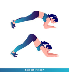 Fototapeta na wymiar Dolphin Pushup exercise, Women workout fitness, aerobic and exercises. Vector Illustration. 