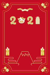 2021　門松と牛の顔アイコンの年賀状イラスト