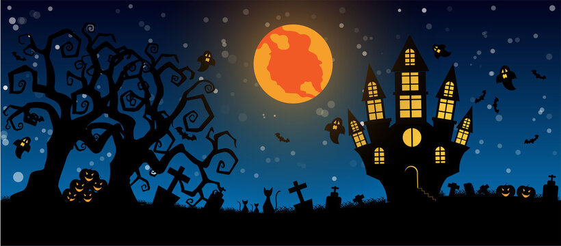 Halloween and full moon in the dark night.Dark castle on blue Moon background. Ghost and flying bats, tomb, scary.