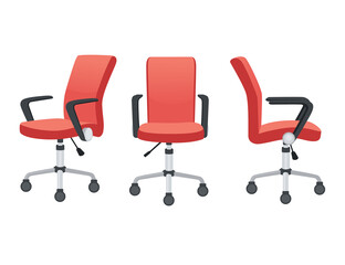 Modern office or home chair with red color textile and wheels guest ergonomic chair flat vector illustration isolated on white background