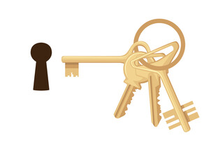 Keyhole with bunch of golden keys flat vector illustration on white background