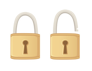Closed and open lock classic metal lock with golden color flat vector illustration isolated on white background