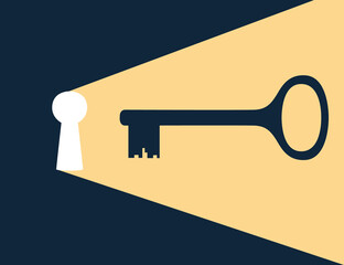 Keyhole with golden key flat vector illustration on dark background