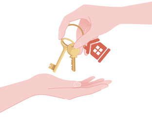 Hand giving house key to another hand template for sale or rent home concept heal estate agent flat vector illustration on white background