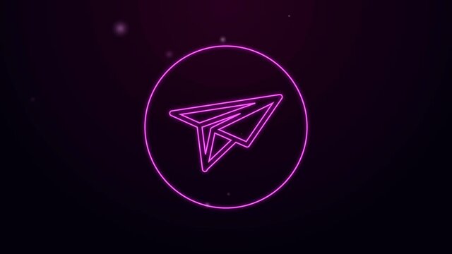Glowing neon line Paper plane icon isolated on purple background. Paper airplane icon. Messenger concept. 4K Video motion graphic animation.