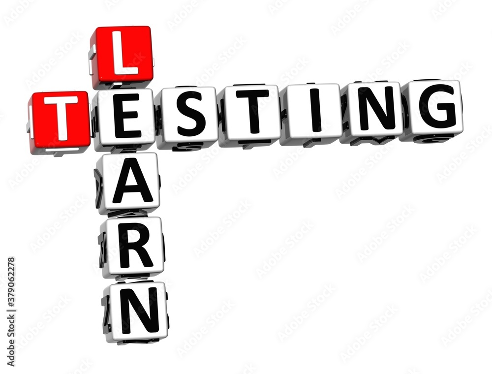 Poster learn game testing. white and red 3d crossword puzzle.
