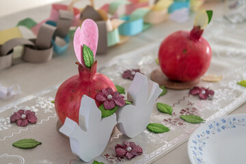 Isolated close up of a decorated festive table for Rosh Hashana dinner- Israel 