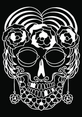Mexican sugar skull  with national drawing . Design element for poster, card, print, emblem for Halloween, sign, tattoo, t-shirt.  Black and white vector illustration for Day of the Dead Celebration F