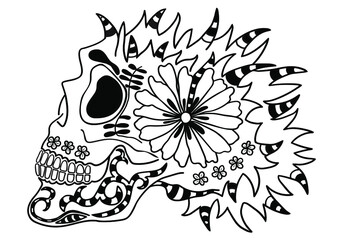 Mexican sugar skull  with national drawing . Design element for poster, card, print, emblem for Halloween, sign, tattoo, t-shirt.  Black and white vector illustration for Day of the Dead Celebration F