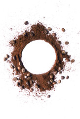 Coffee beans and ground coffee powder on white background. with round copy space
