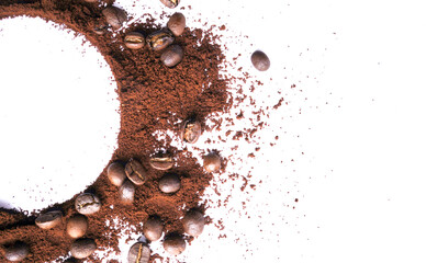 Coffee beans and ground coffee powder on white background. with round copy space