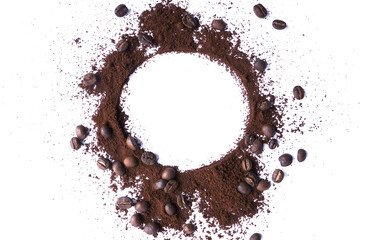 Coffee beans and ground coffee powder on white background. with round copy space